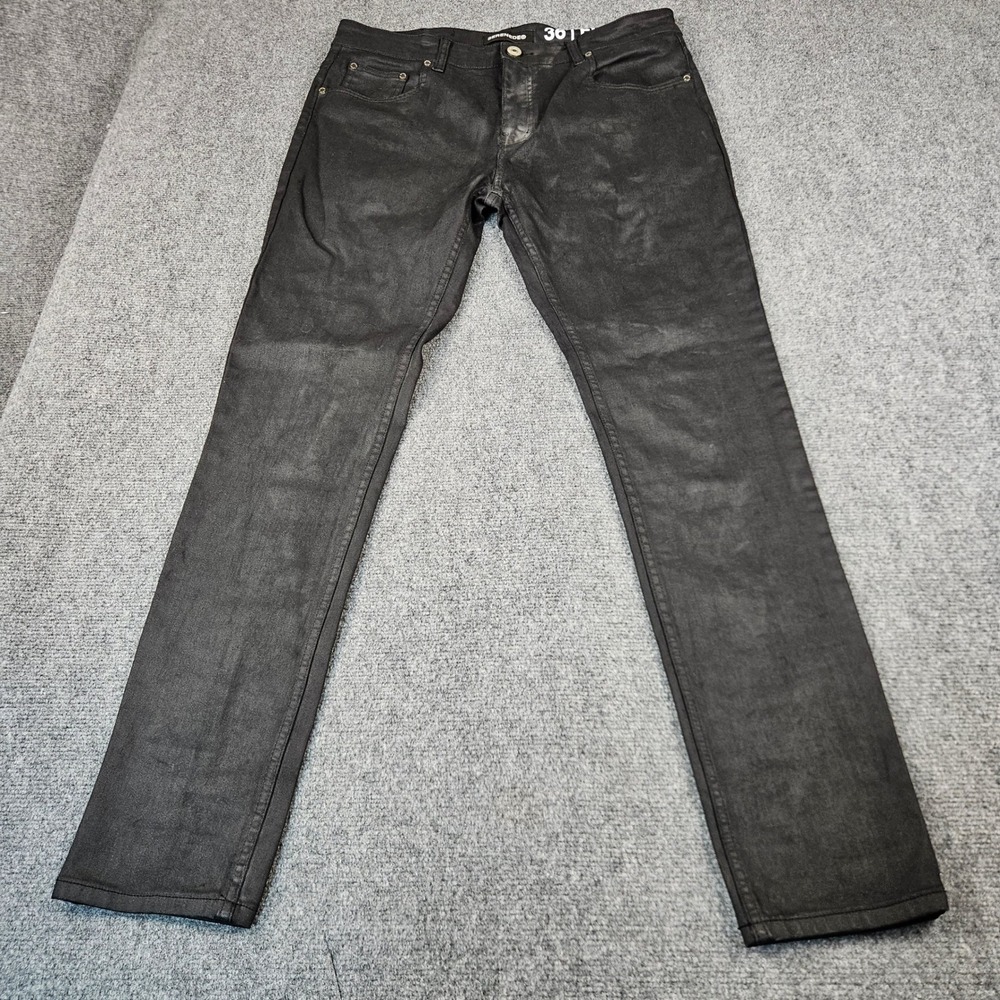 Serenede Mens Black Waxed Fitted Denim Jeans Size 36 Slim Fit Coated Streetwear